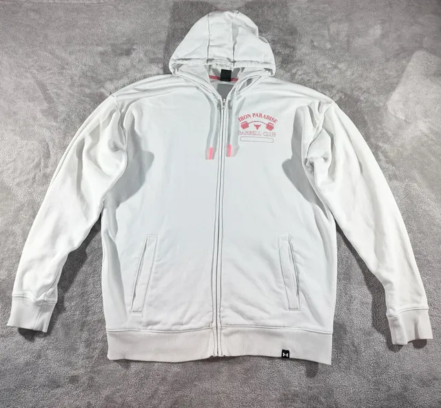 Under Armour Iron Paradise Barbell Club Size XL White Full Zip Hoodie Jacket