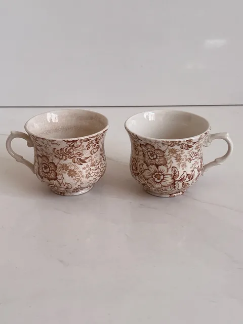 James Kent Old Foley Staffordshire Brown Transferware Tea Cup Pair
