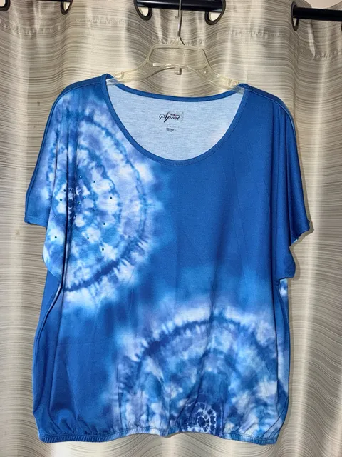 Style & Co Sport Shirt Size L Blue Tie Dye Rhinestone Scoop Neck