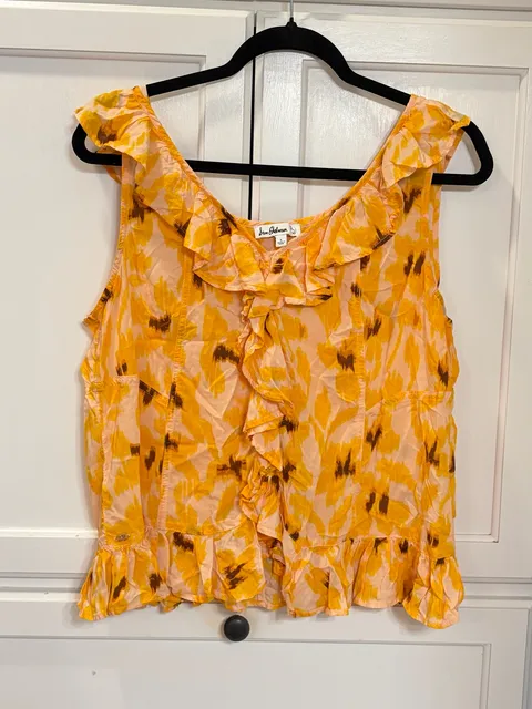 Sam Edelman Floral Ruffle Blouse Large Orange Yellow Modal Boho Sleeveless Top