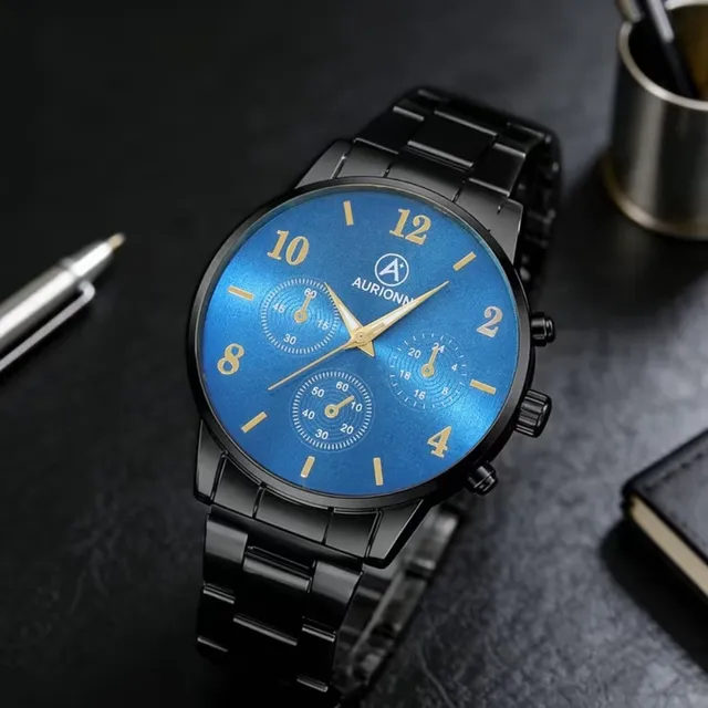 Aurionn Men Quartz Watch Blue Dial Stainless Steel Black