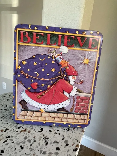 Mary Engelbreit Believe Santa Metal Storage Tin Box Vintage