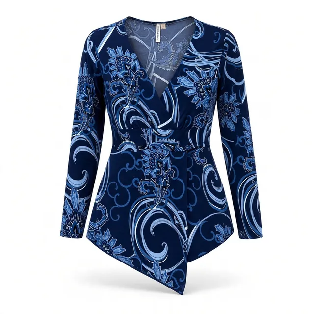 Susan Lawrence Wrap Blouse Size S Blue Floral Long Sleeve Top