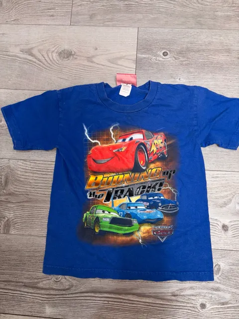 Disney Pixar Cars Lightning McQueen Burning Up The Track T-Shirt Blue