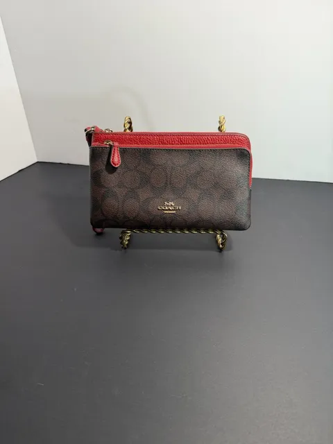 Coach C5576 Brown Signature 1941 Red Leather Double Zip Wristlet preowned like new