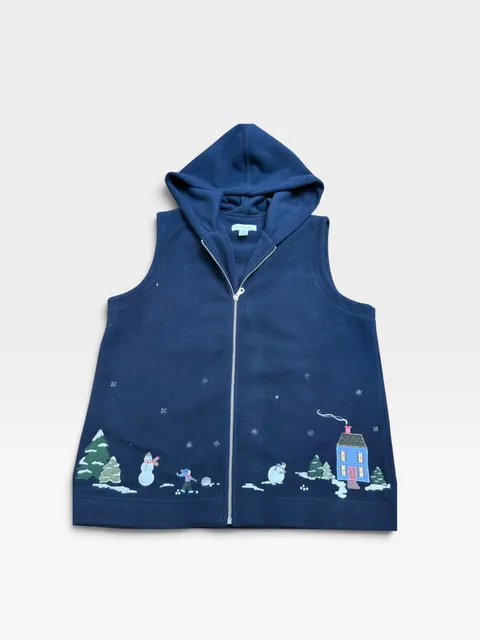 C.J. Banks Fleece Hooded Vest Size X Blue Winter Scene Embroidered