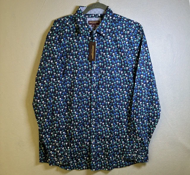 Johnston & Murphy Palm Tree Print Button Down Shirt Size L Navy