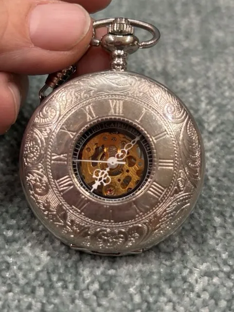 CAIFU Mechanical Skeleton Pocket Watch Silver Roman Numerals