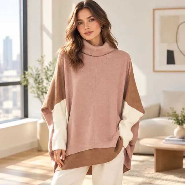 Anrabess Turtleneck Poncho Sweater Size L Colorblock Pink Brown White