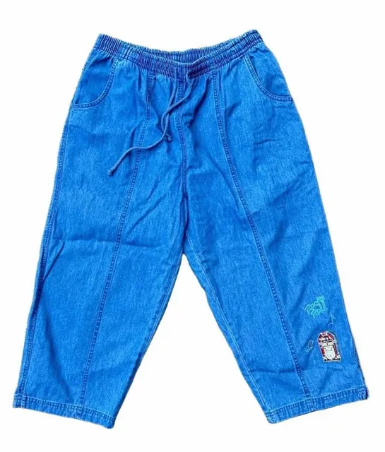 Vintage 90s Rock & Roll Jukebox Denim Pants Large Embroidered Elastic Waist USA