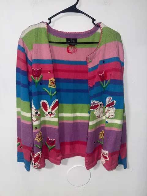 Morgan Cole Cardigan Size S Multicolored Easter Bunny Beaded Knit