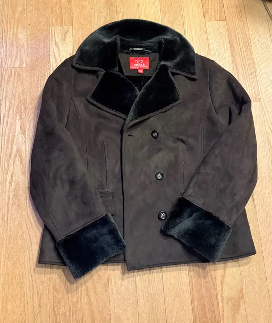 Oscar by Oscar de la Renta Faux Suede Coat XLG Brown Faux Fur Trim Jacket