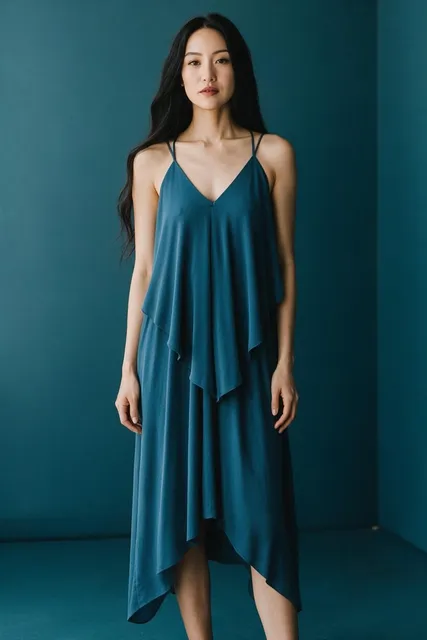 Halter V-Neck Draped Asymmetric Midi Dress Teal
