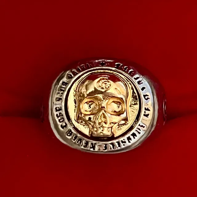 Gothic Titanium Steel Silver Skull Signet Ring with Gold Tone Center Size 9