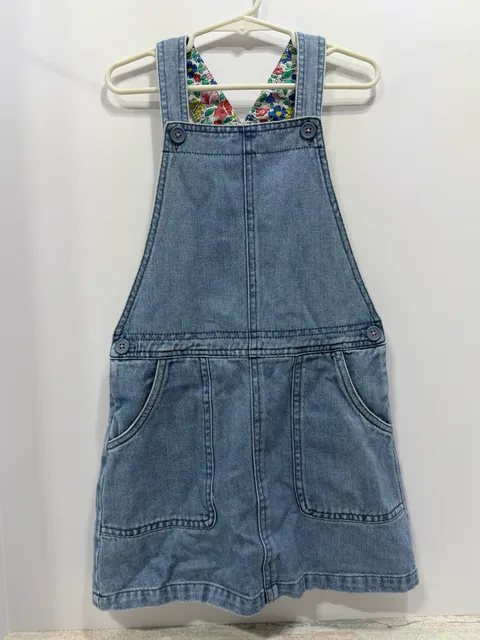 Mini Boden Denim Jumper Dress Size 7-8Y Floral Lining Blue Pinafore