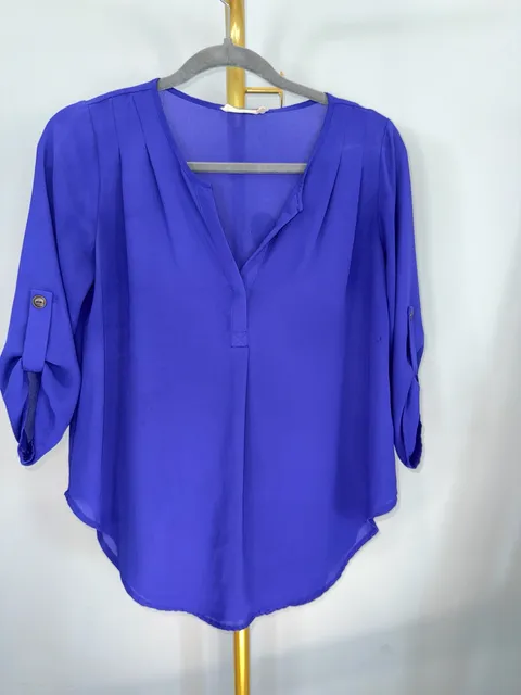 Rolled Sleeve V-Neck Blouse Royal Blue Polyester