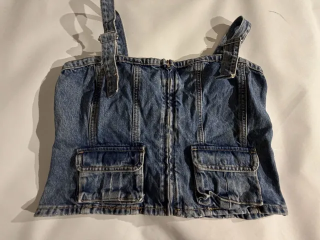 ZARA Denim Cargo Top Corset Buckle Straps Blue Size XL