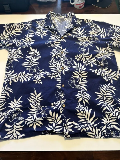 Go Barefoot Hawaiian Shirt Navy Blue White Floral Hibiscus Cotton