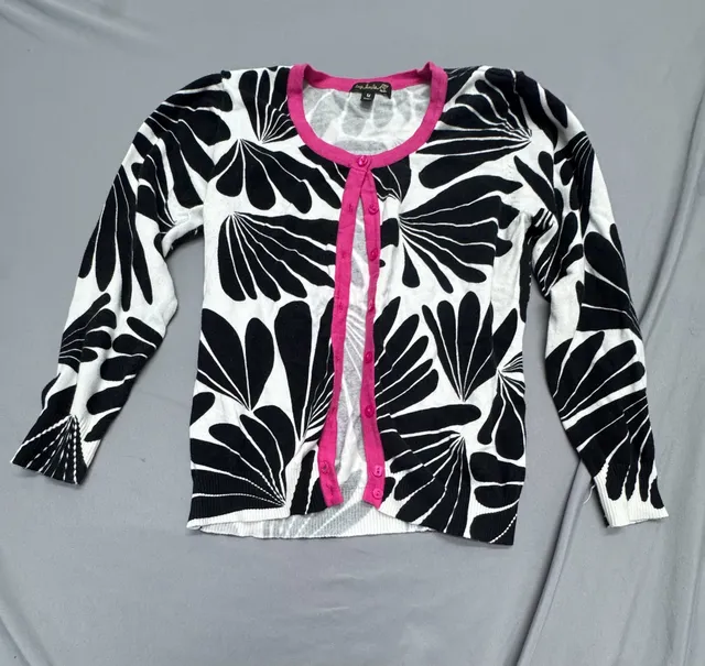 Top Knits Cardigan Size M Black White Floral Print Pink Trim
