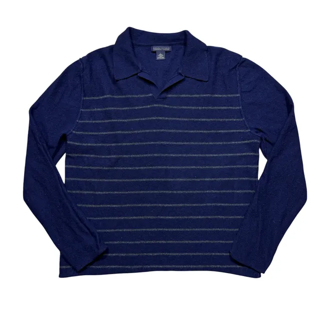 Banana Republic Polo Sweater Size L Blue Striped lambs wool/Cashmere