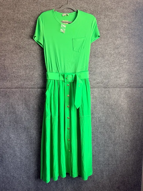 Ramy Brook Dress Size L Green Midi Belted Ribbed Short Sleeve