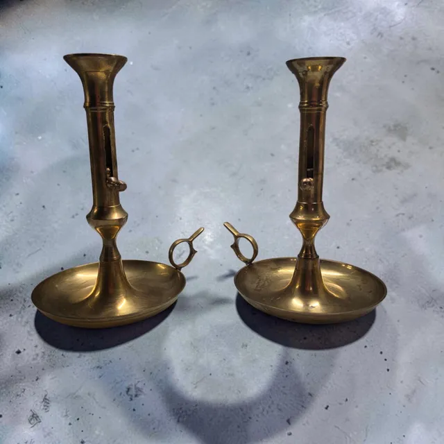 Vintage Brass Push Up Chamberstick Candlestick Holders Pair