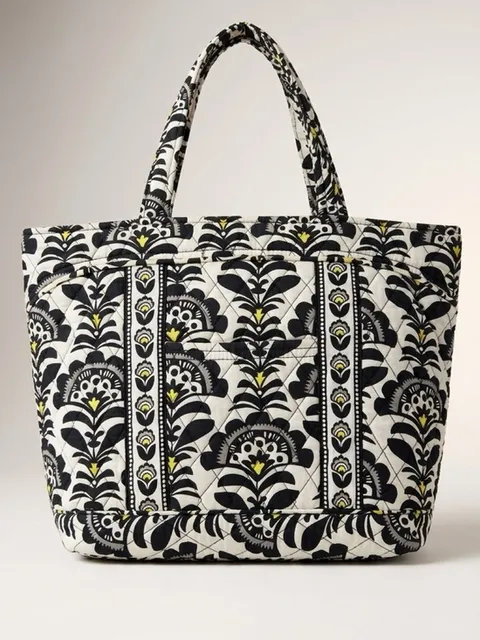 Vera Bradley fanfare Quilted Black & White Floral Tote Bag with Yellow Accents