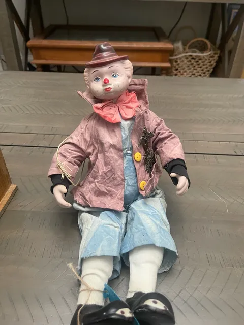 Vintage Porcelain Clown Doll with Pink Jacket and Top Hat