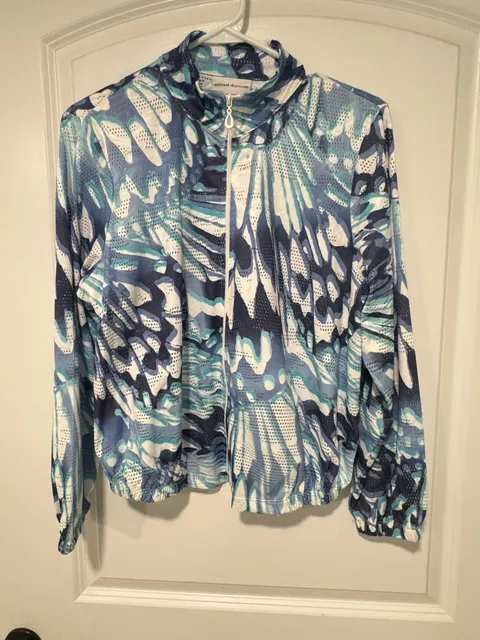 Blue Teal Abstract Print Mesh Zip Up Jacket Athleisure Coastal Sporty Size PS