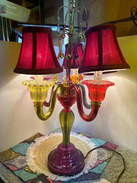 Vintage Hollywood Regency Multicolored Glass Candelabra Table Lamp With Shades