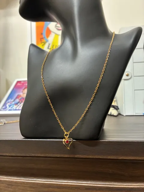 Upcycled Stainless Steel Gold Tone Red Gemstone Heart Pendant Necklace