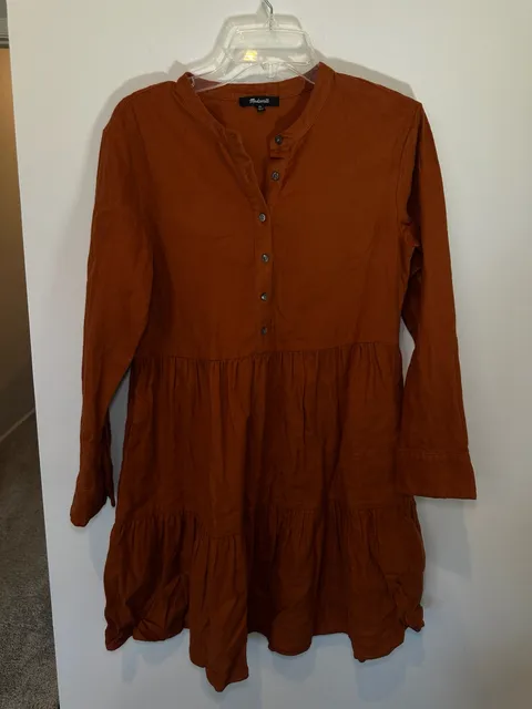 100% Cotton Madewell Tiered Mini Dress Size XS Rust Brown Long Sleeve Button Front