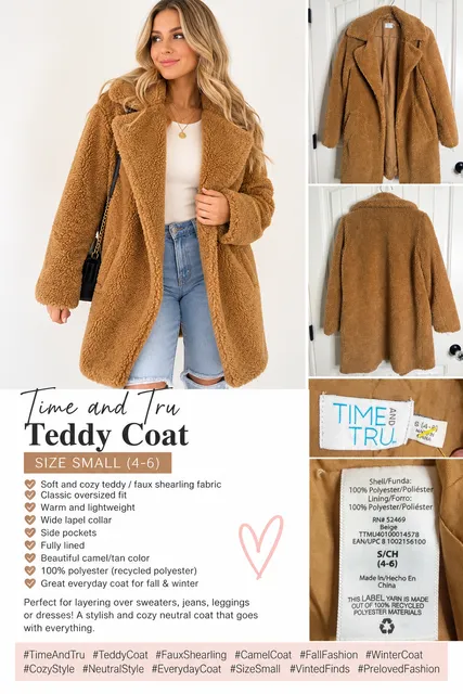 Time And Tru Teddy Coat Size Small 4-6 Camel Brown