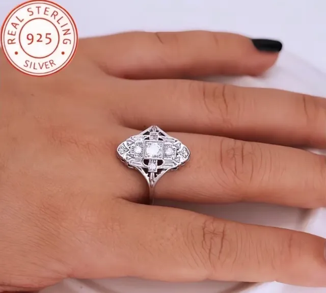 Vintage Single Cut Diamond Filigree Navette Ring in 925 Sterling Silver