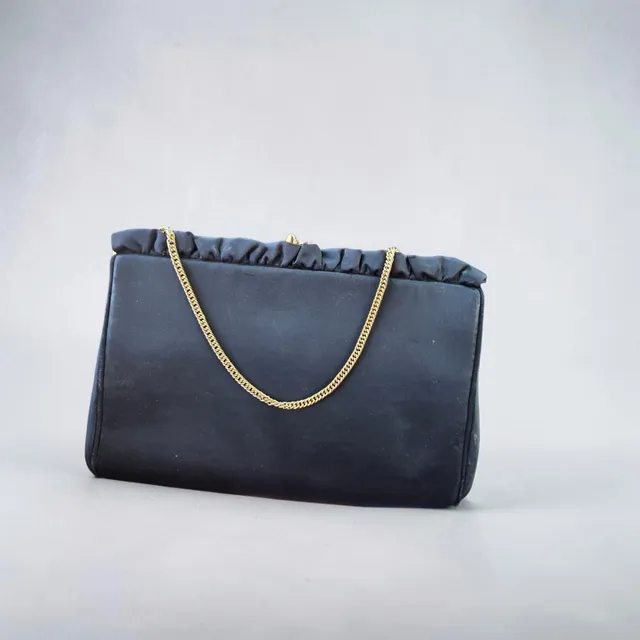 H.L. Harry Levine Vintage Black Satin Ruffled Clutch With Chain
