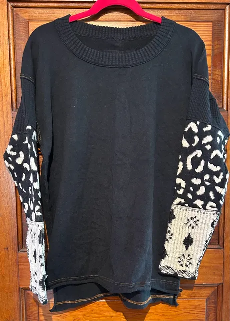 We The Free Mixed Media Sweater Size S Black Animal Print Sleeves