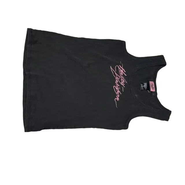 Harley-Davidson Script Logo Tank Top Women's L Black Pink Cotton Stretch