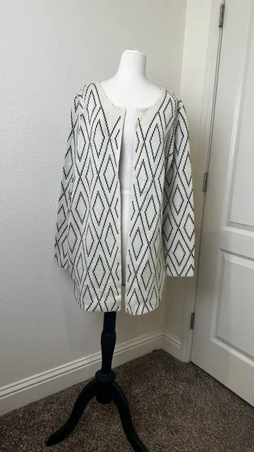 Oliver by Escio Cardigan Size L Black Ivory Diamond Open Front Knit
