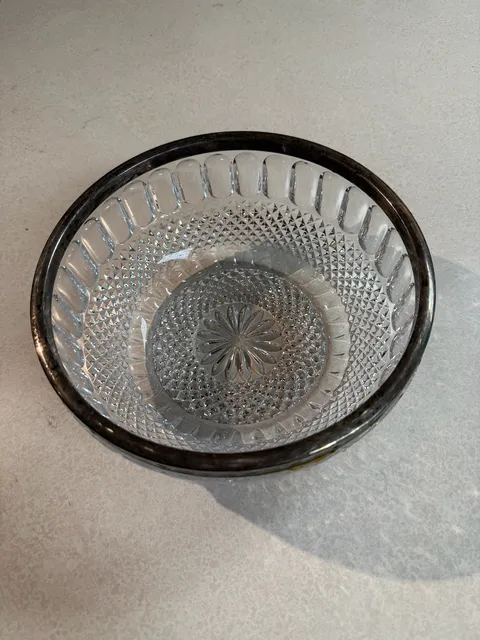Vintage Cut Crystal Bowl With Sterling Silver Rim