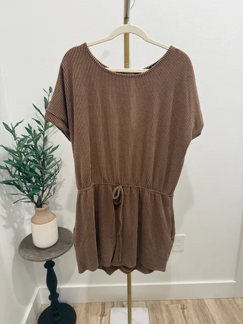 Heimish USA Romper Size 3X Brown Ribbed Short Sleeve Drawstring Waist