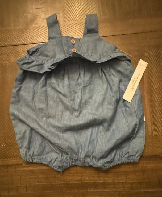Tahari Baby Romper Size 6-9M Blue Chambray Flutter Bubble