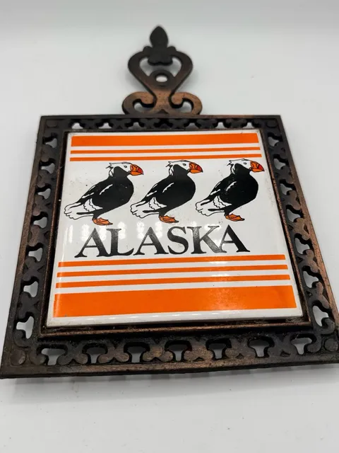 Vintage Alaskan Wildlife Puffin Trivet Japan Tile Cast Iron