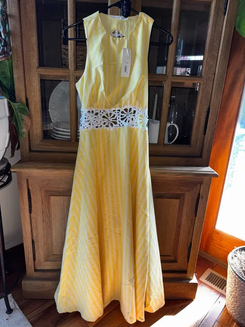Altar'd State Yellow Striped Lace Trim Open Back Midi Dress NWT
