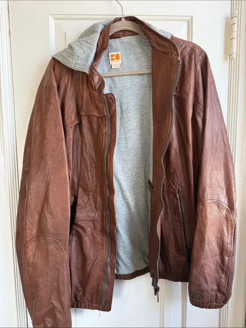 BOSS ORANGE Brown Leather Bomber with Gray Hood Liner