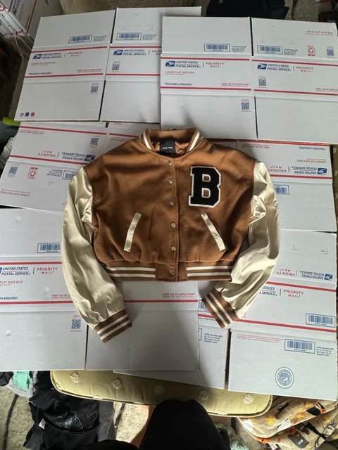 Love Tree Varsity Jacket Size Medium Brown White Letterman Snap
