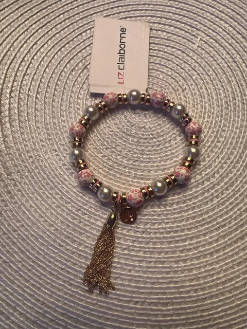 Vintage Liz Claiborne Pink Floral Bead And Tassel Stretch Bracelet