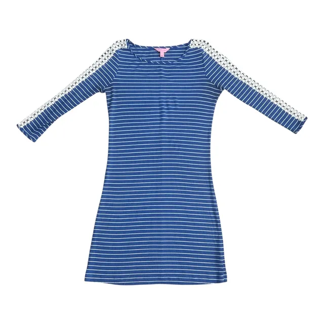 Lilly Pulitzer Dress Size M Blue White Striped Ribbed Lace Sleeve