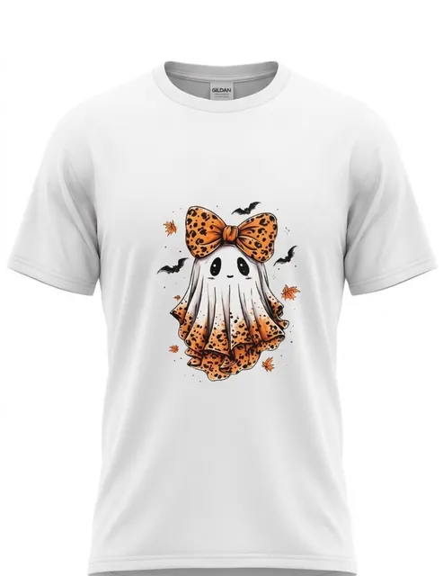 Gildan Halloween Cute Ghost Leopard Bow T-Shirt Size XL White