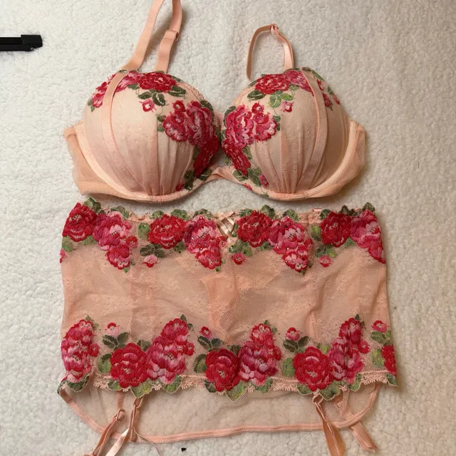 NWOT Victoria's Secret Rose Embroidered Crystal Bra and Garter Skirt Set
