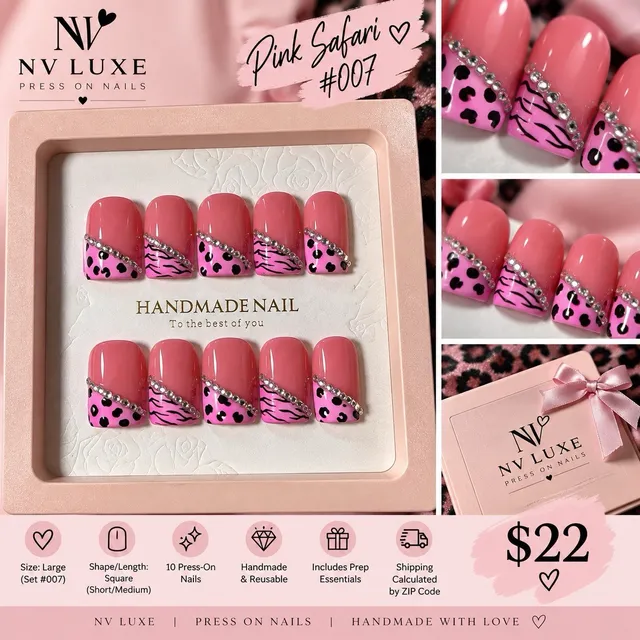 Reusable Pink Safari Press On Nails Size L Square Rhinestone Animal Print #007